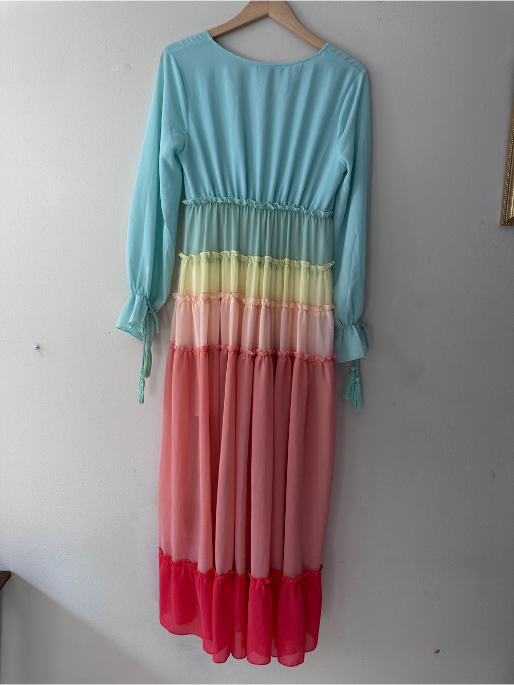 Vici Rainbow Pastel Tiered Ruffle Maxi Dress Long Sleeve Chiffon Boho Festival - Picture 3 of 11